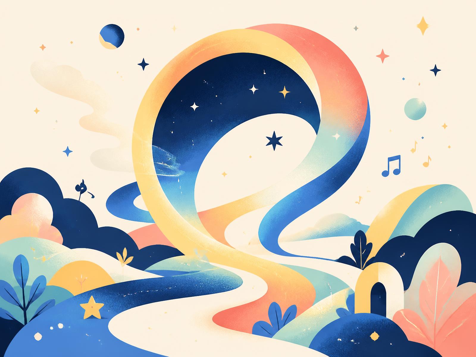 Abstract Wonderloop illustration of a glowing loop portal above winding paths, stars, and soft hills